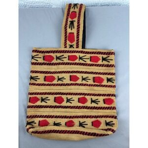 Burlap Tote Bag Embroidered Red Tulip Folk Art Boho Carryall/tote vintage 80's